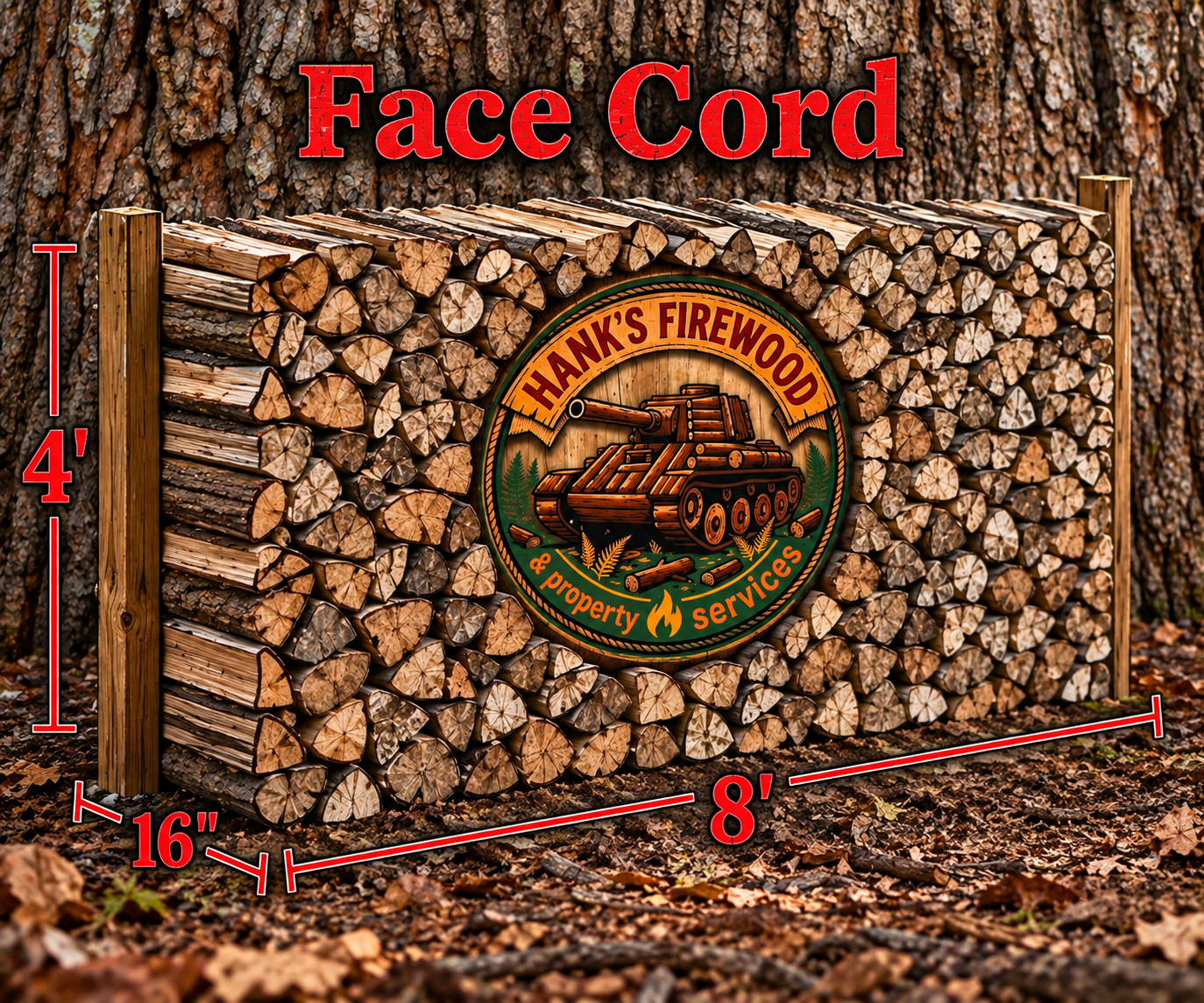 Face cord of firewood stacked 4 feet high by 8 feet long and approximately 16 inches deep.